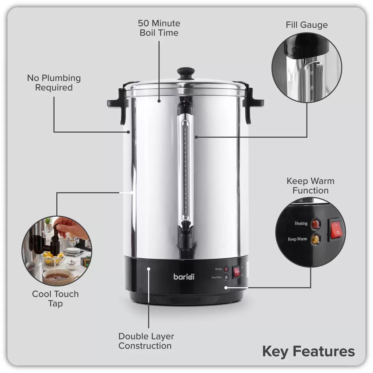 Sealey DH388 Baridi Hot Water Boiler, Tea Urn 30L Capacity Stainless Steel 240V