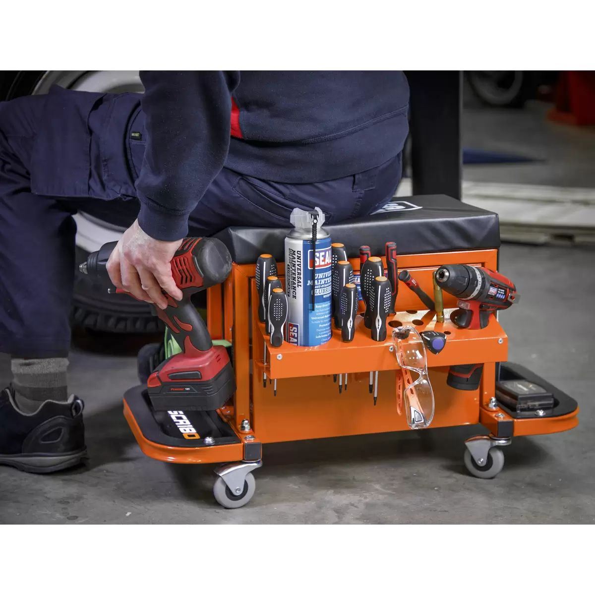 Sealey SCR18O Mechanic's Utility Seat & Toolbox-Orange