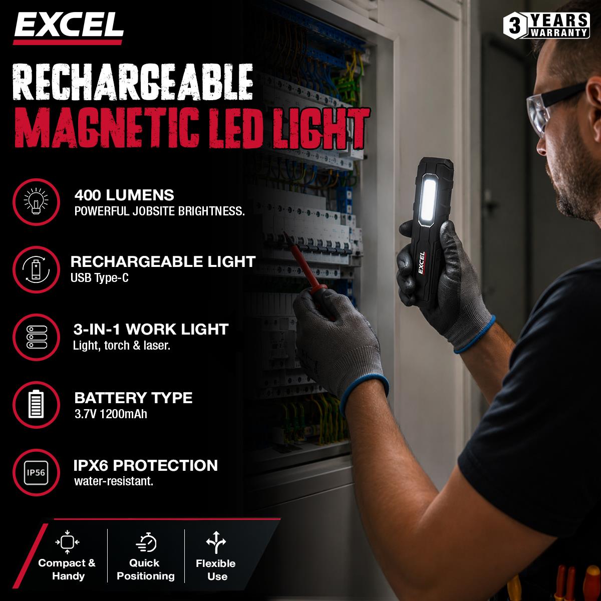 Excel 400 Lumens LED Rechargeable Magnetic Handheld Work Light with Red Laser