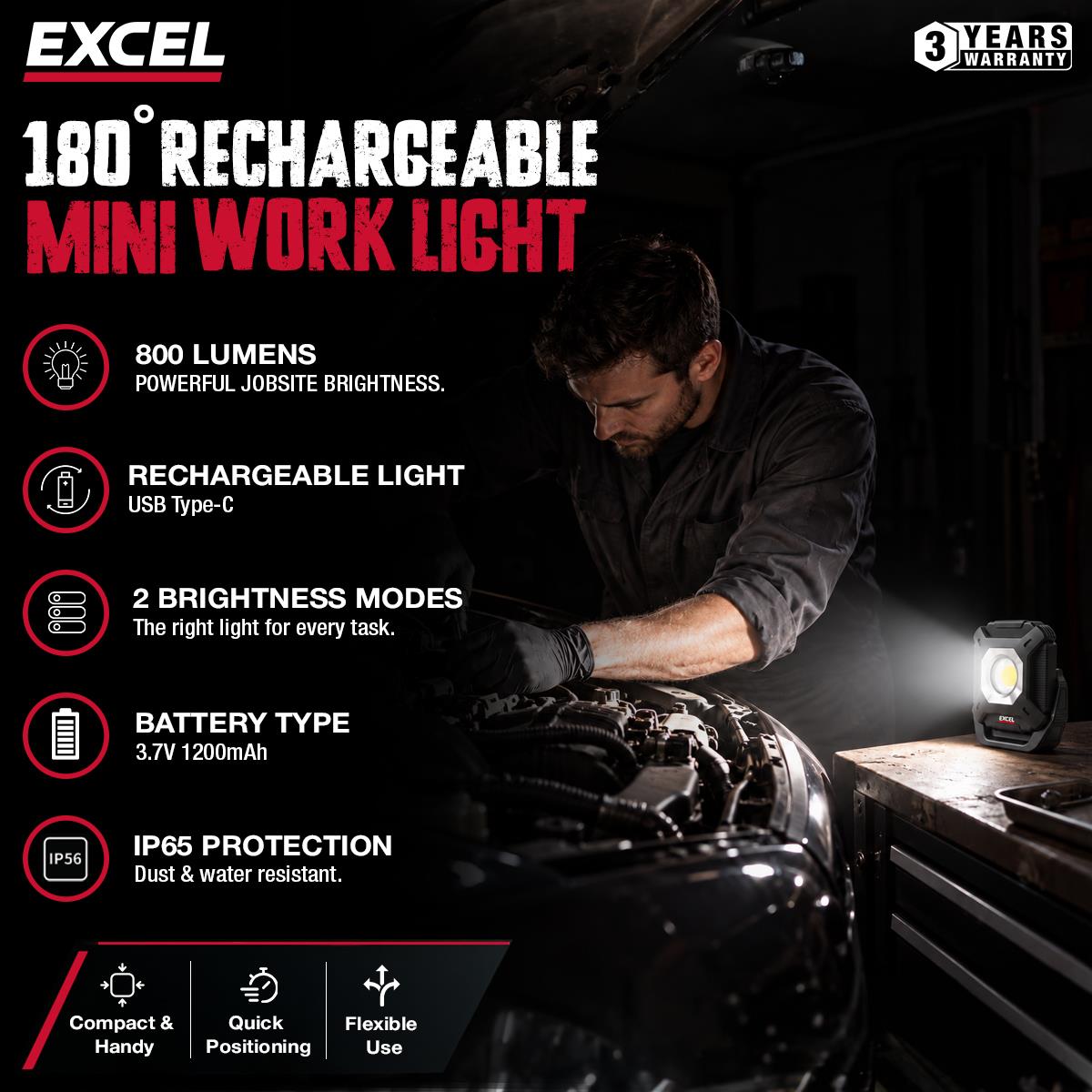 Excel 800 Lumens LED Magnetic Rechargeable Mini Work Light