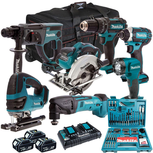 Makita 18V 7 Piece Power Tool Kit with 3 x 5.0Ah Battery Charger Bag & 100 Piece Bit Set T4TKIT-610