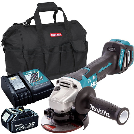 Makita DGA467Z 18V Brushless 115mm Angle Grinder with 1 x 5.0Ah Battery Charger & Bag