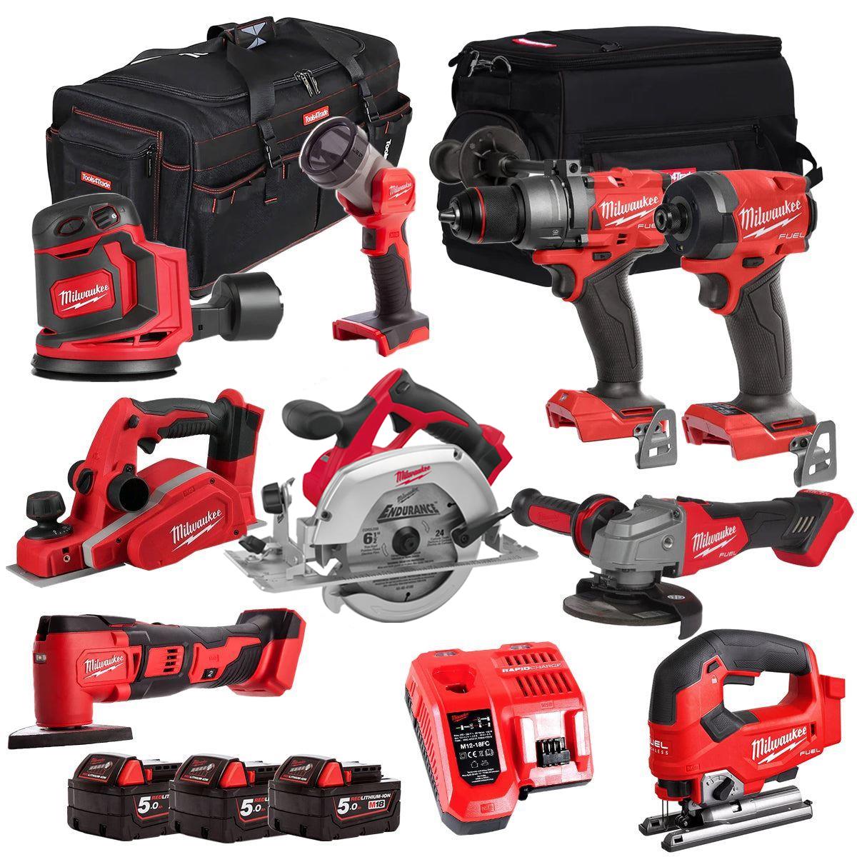 Milwaukee 18V 9 Piece Power Tool Kit with 3 x 5.0Ah Batteries T4TKITM-90