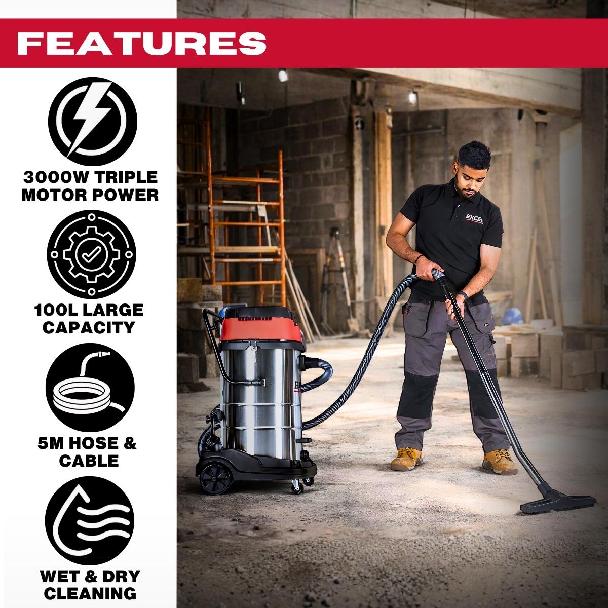 Excel 100L Wet & Dry Vacuum Cleaner 3000W/230V