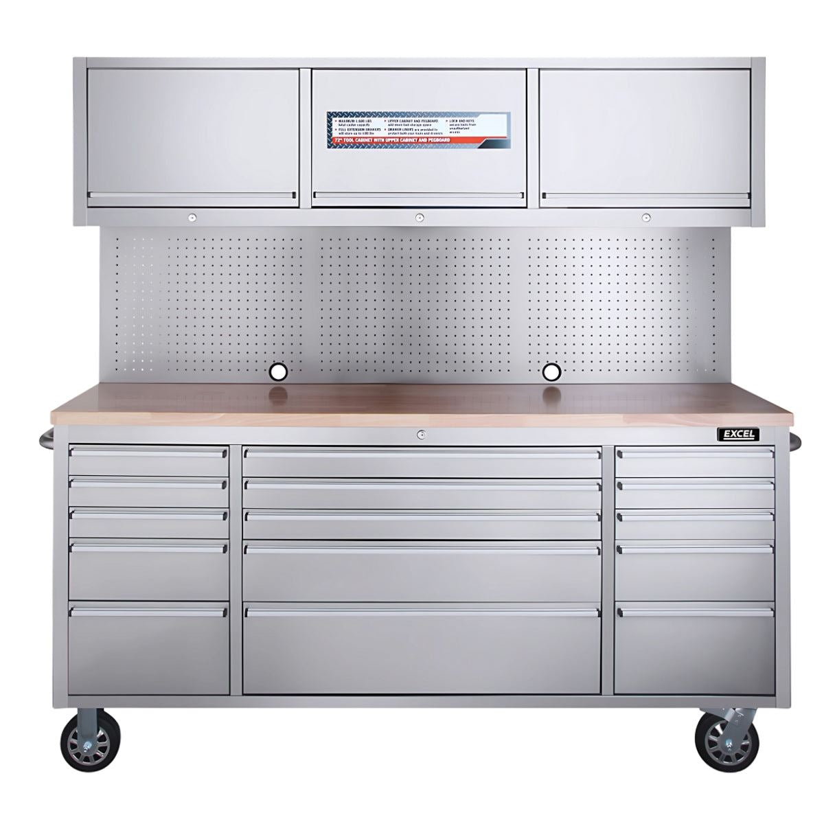Excel 72inch 15 Drawer Stainless Steel Workbench Roller Tool Chest Cabinet with 3 Overhead Cabinets & Tall Cabinet