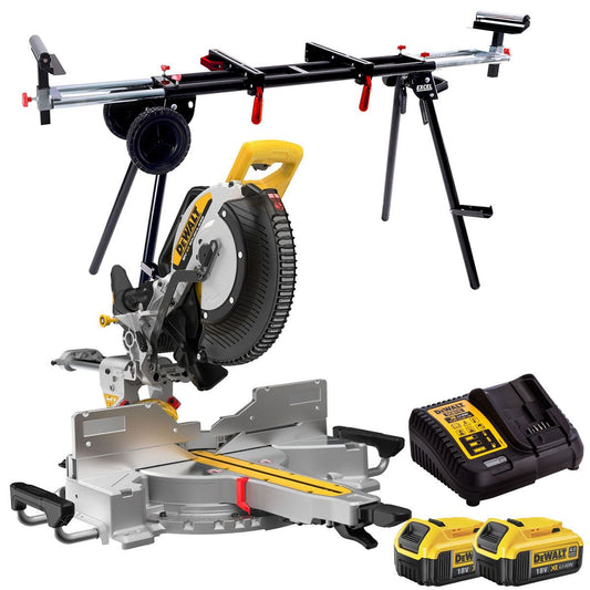 DeWalt DCS782N-XJ 18V XR Brushless Mitre Saw with 2 x 4.0Ah Battery Charger & Universal Leg stand