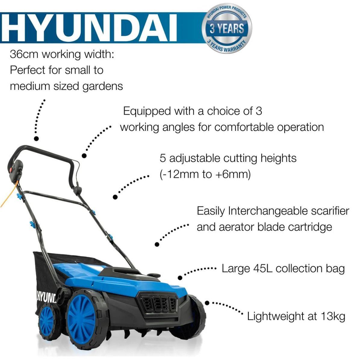 Hyundai HYSC1600E 36cm 2-in-1 Electric Lawn Scarifier and Aerator with 45L Collection Bag