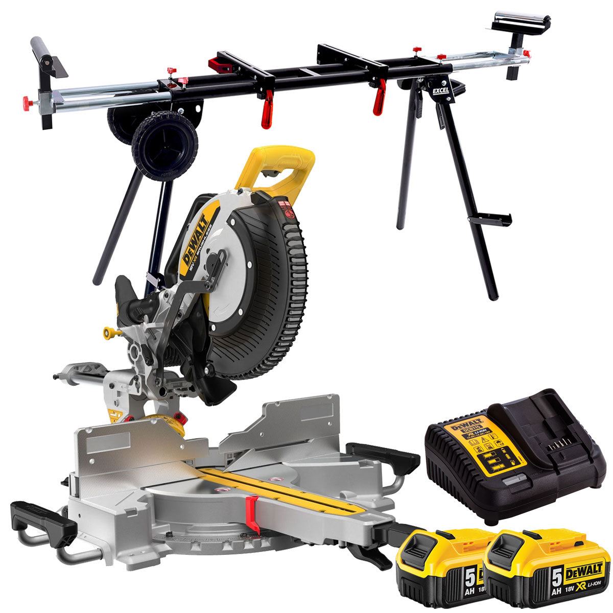 DeWalt DCS782N-XJ 18V XR Brushless Mitre Saw with 2 x 5.0Ah Battery Charger & Universal Leg stand