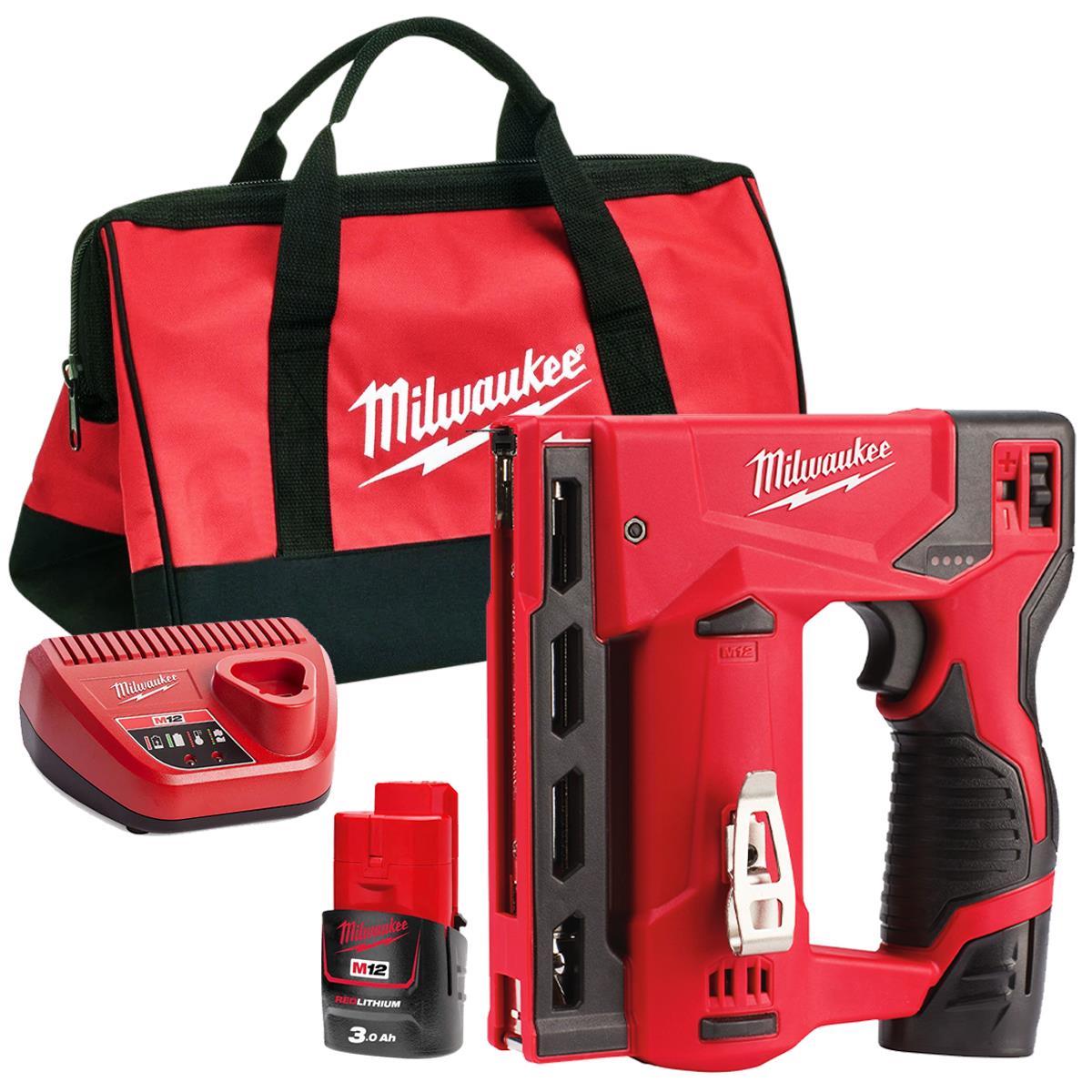 Milwaukee M12BST-0 12V Sub Compact Second Fix Stapler with 1 x 3.0Ah Battery Charger & Bag