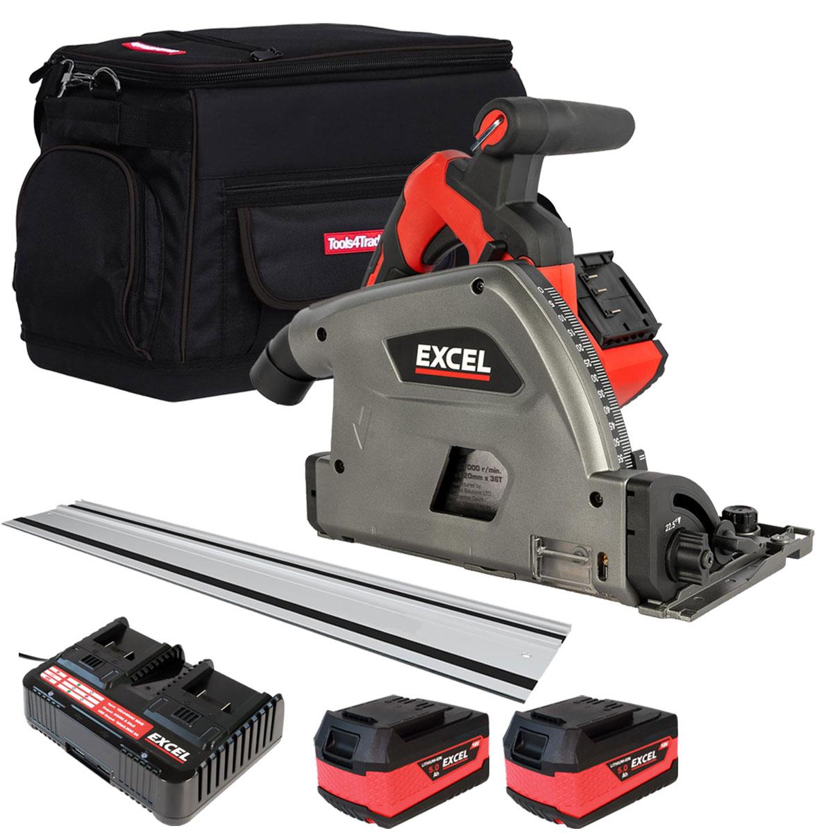 Excel 36V Brushless 165mm Plunge Saw with 2 x 5.0Ah Battery, Dual Charger, Bag & 1 x Guide Rail