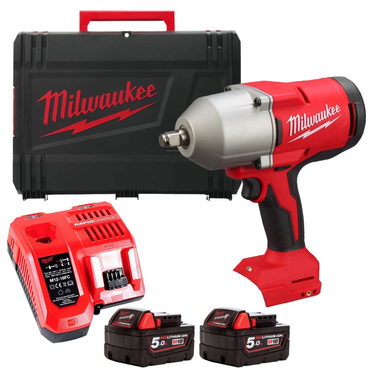 Milwaukee M18BLHIWF12-502X 18V Brushless 1/2" High Torque Impact Wrench with 2 x 5.0Ah Batteries, Charger & Case 4933498205