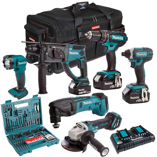 Makita 18V 6 Piece Cordless Kit with 3 x 5.0Ah Batteries & 100 Piece Bit Set T4TKIT-17