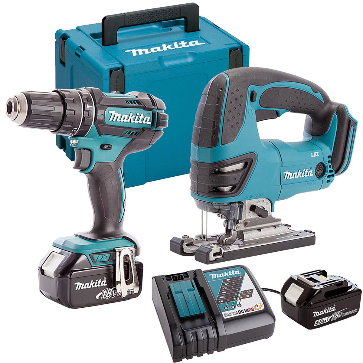 Makita DLX2134TJ 18V LXT Combi Drill & Jigsaw Combo Kit With 2 x 5.0Ah Batteries, Charger & Case