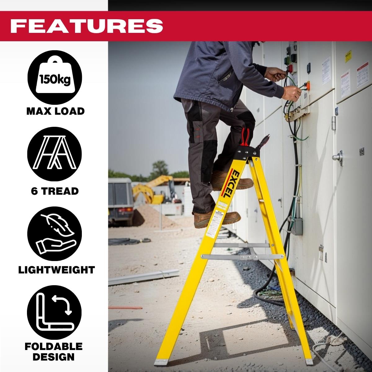 Excel Electricians Fibreglass Step Ladder 6 Tread 1.44m Heavy Duty