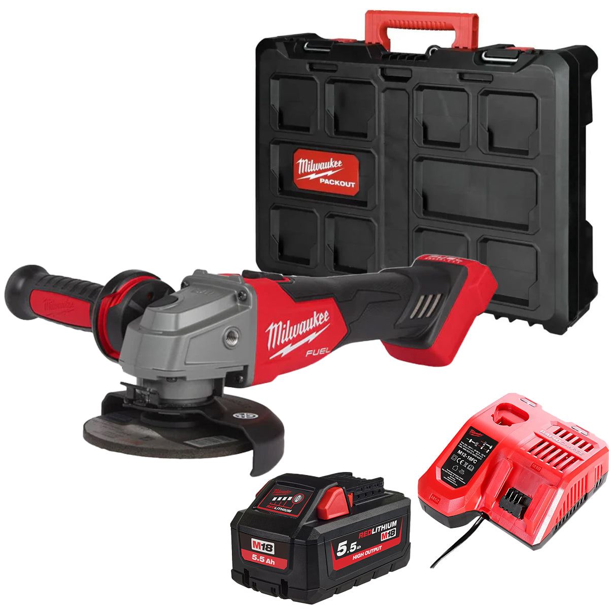 Milwaukee M18FSAG115X-0 18V 115mm Fuel Brushless Angle Grinder with 1 x 5.5Ah Battery Charger & Empty Tool Box (Without Inlay)