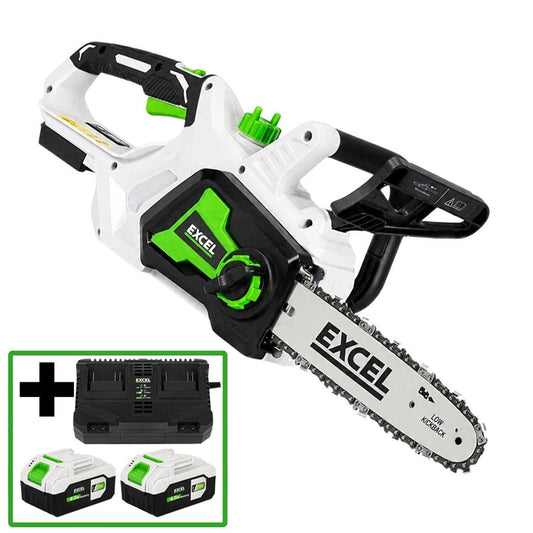 Excel 20V 10" Chainsaw with Tool-Free Chain Tensioning & 2 x 4.0Ah Batteries, Dual Port Charger
