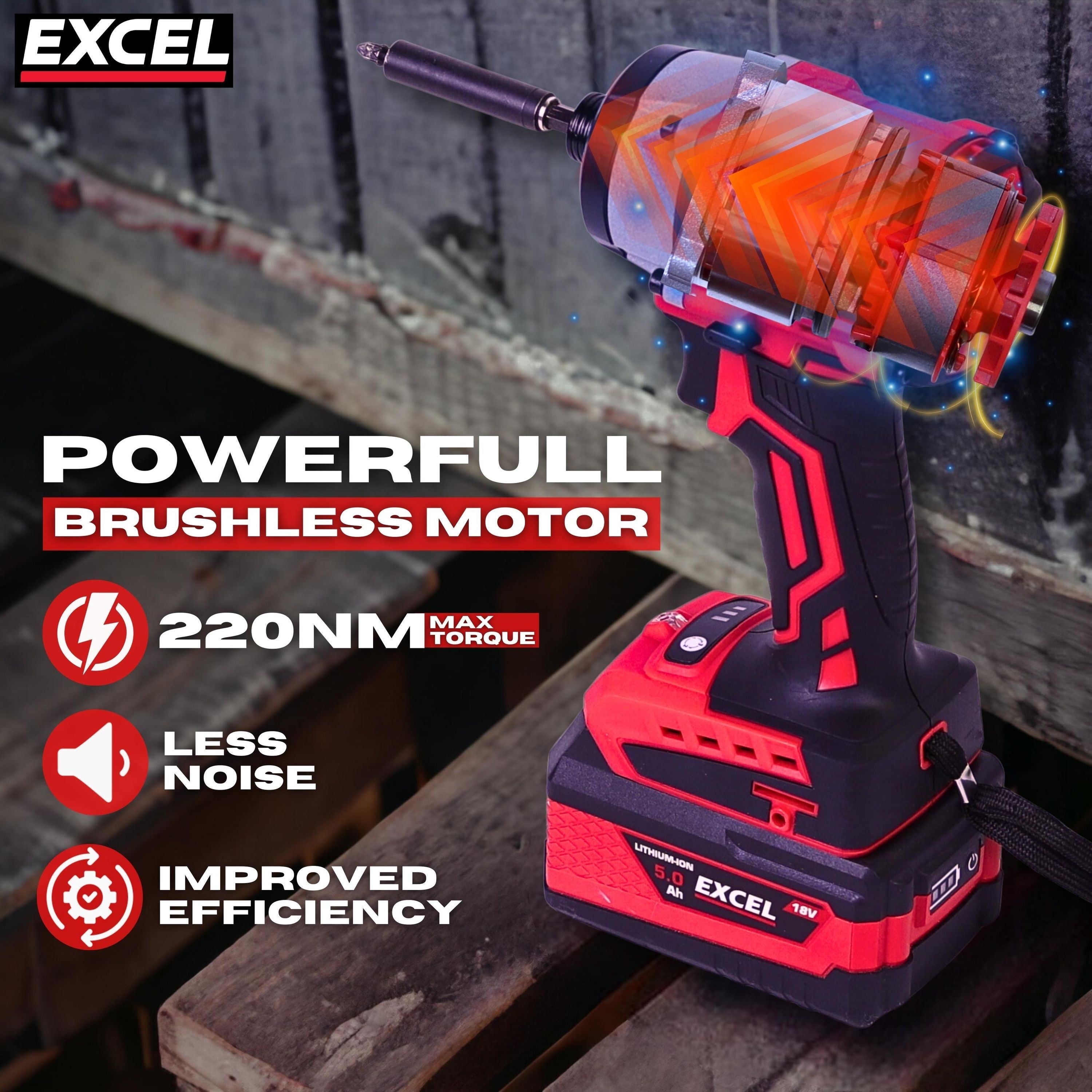 Excel 18V Cordless Brushless Impact Driver with 2 x 5.0Ah Battery Charger & Bag