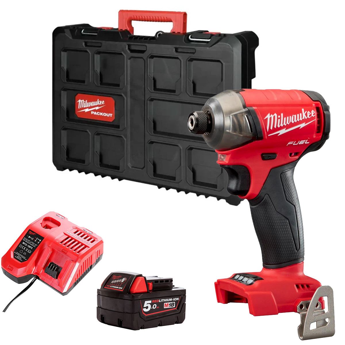Milwaukee M18FQID-0 18V Fuel Brushless Impact Driver with 1 x 5.0Ah Battery Charger & Empty Tool Box (Without Inlay)