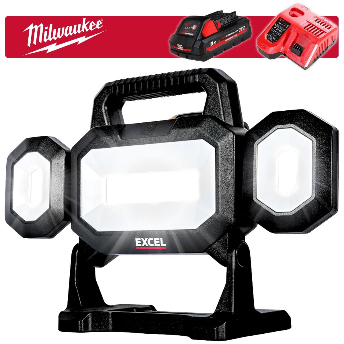 Excel 18V LED Work Light 5000 Lumens with Milwaukee 1 x 3.0Ah High Output Battery & Charger