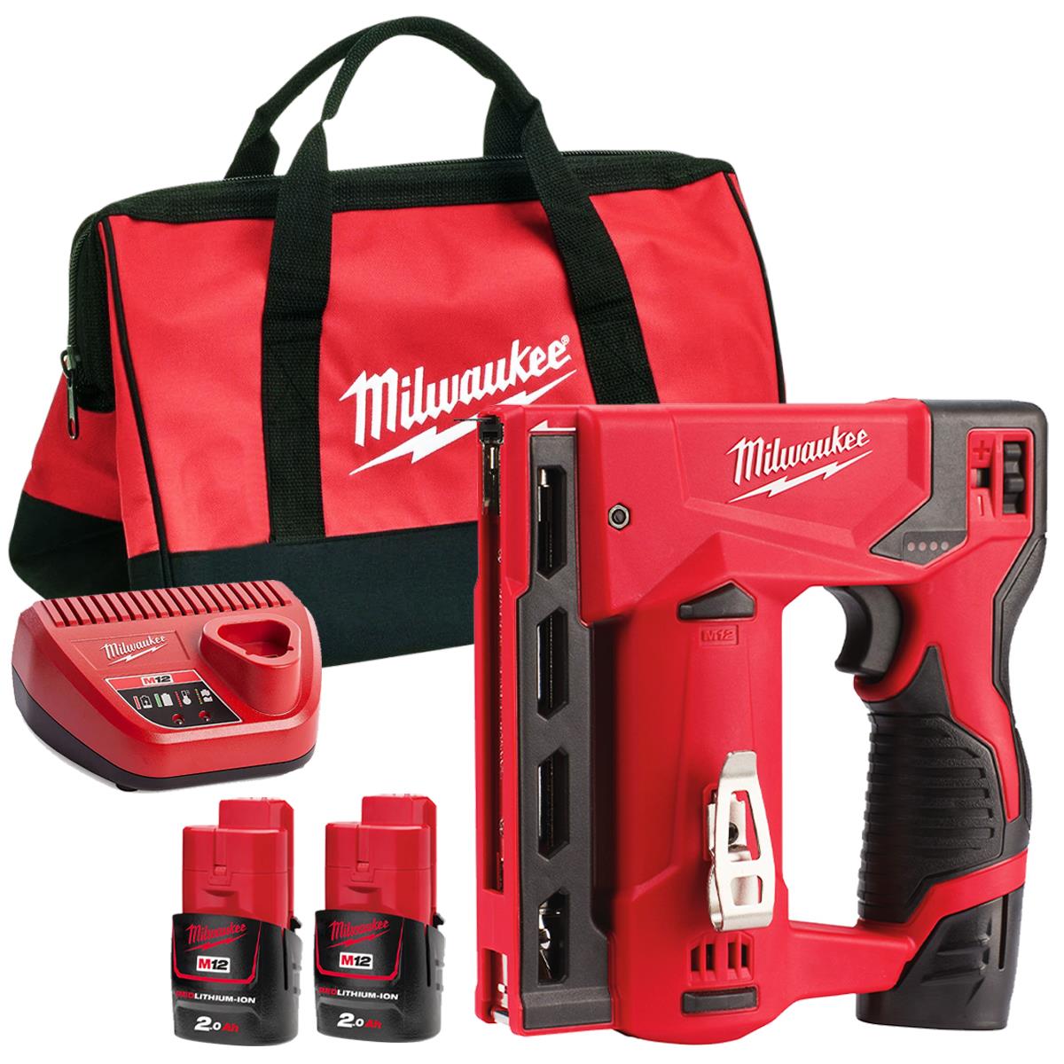 Milwaukee M12BST-0 12V Sub Compact Second Fix Stapler with 2 x 2.0Ah Batteries Charger & Bag