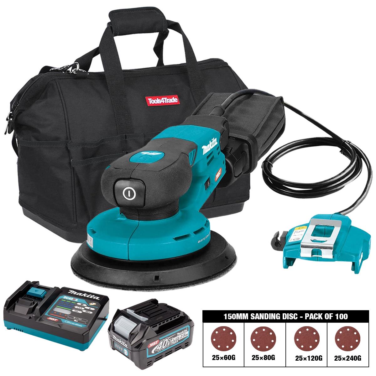 Makita BO002CGZ 40VMax XGT 150mm Brushless Random Orbit Sander with Sanding Disc 60G, 80G, 120G, 240G Pack of 100 & 1 x 2.5Ah Battery, Charger & Bag