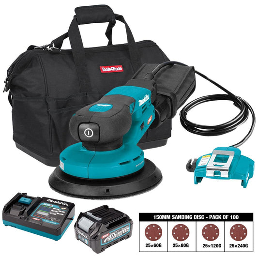 Makita BO002CGZ 40VMax XGT 150mm Brushless Random Orbit Sander with Sanding Disc 60G, 80G, 120G, 240G Pack of 100 & 1 x 2.5Ah Battery, Charger & Bag