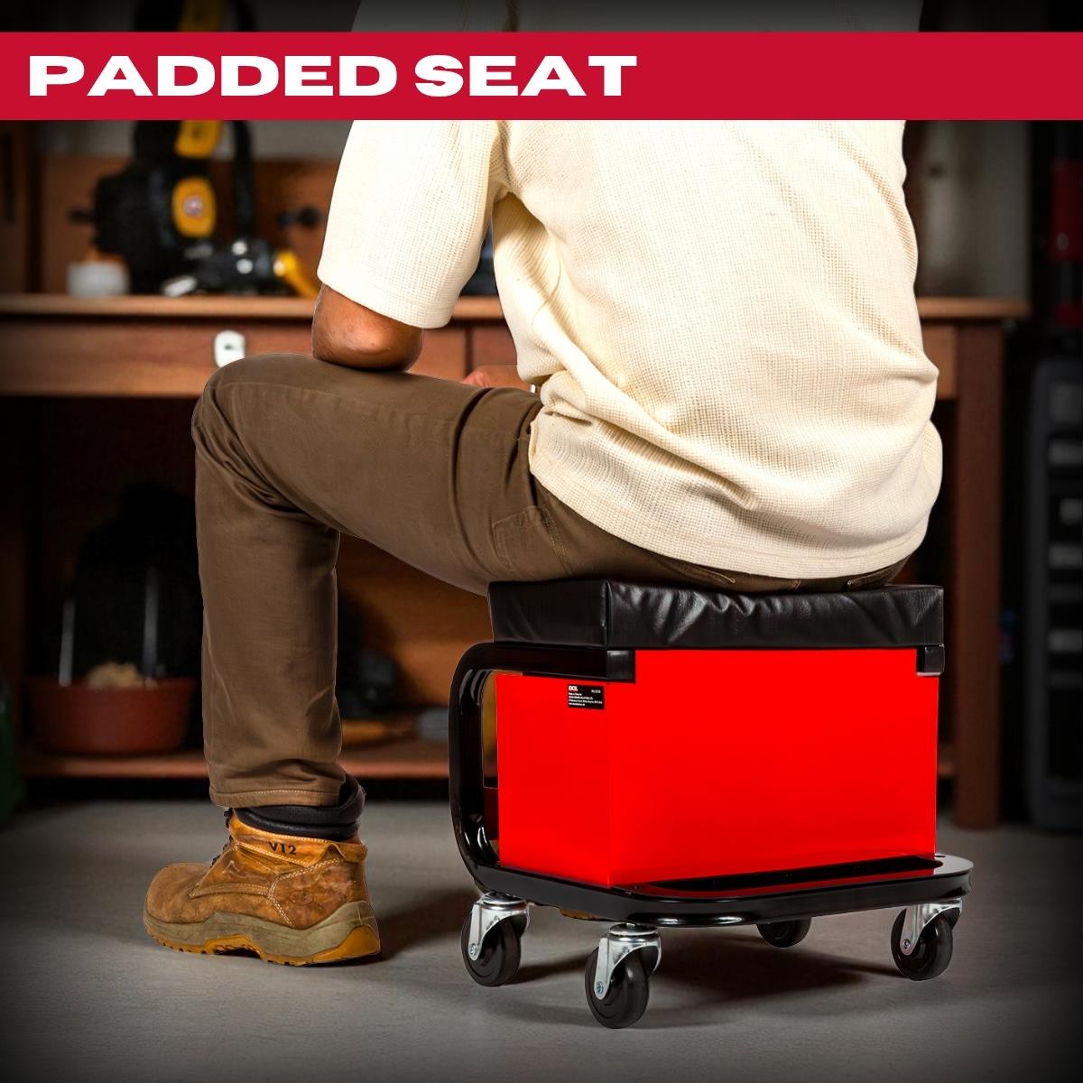 Excel Utility Seat with Toolbox – Padded Rolling Work Stool with 3 Drawers, Can Holders & 150kg Load Capacity