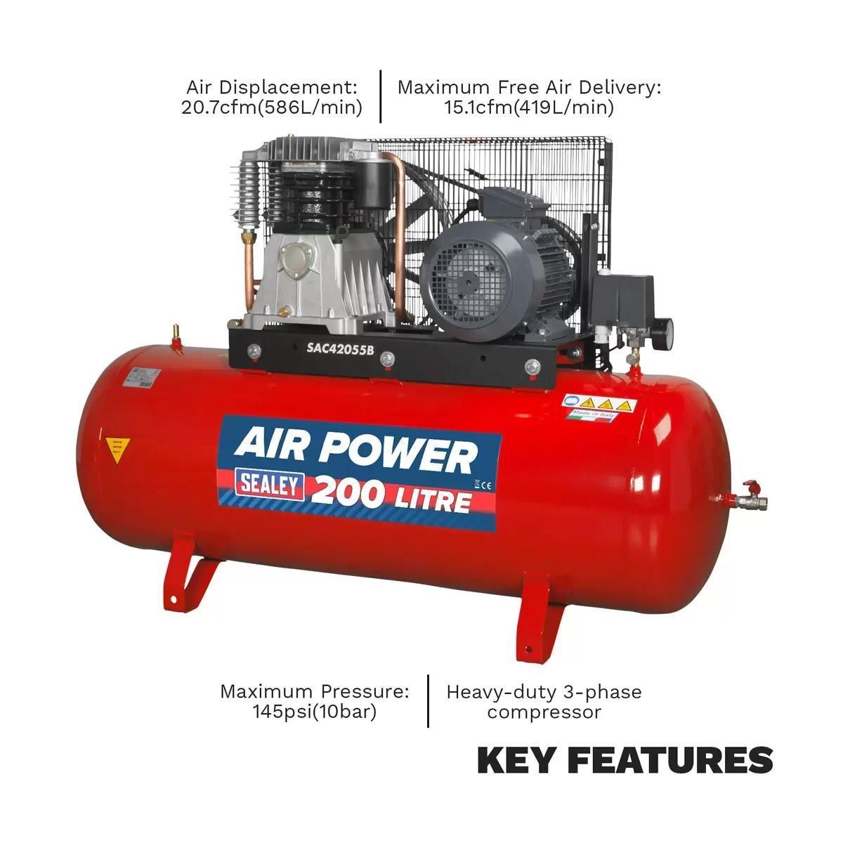 Sealey SAC42055B 200L Belt Drive Air Compressor with Cast Cylinders 415V/32A