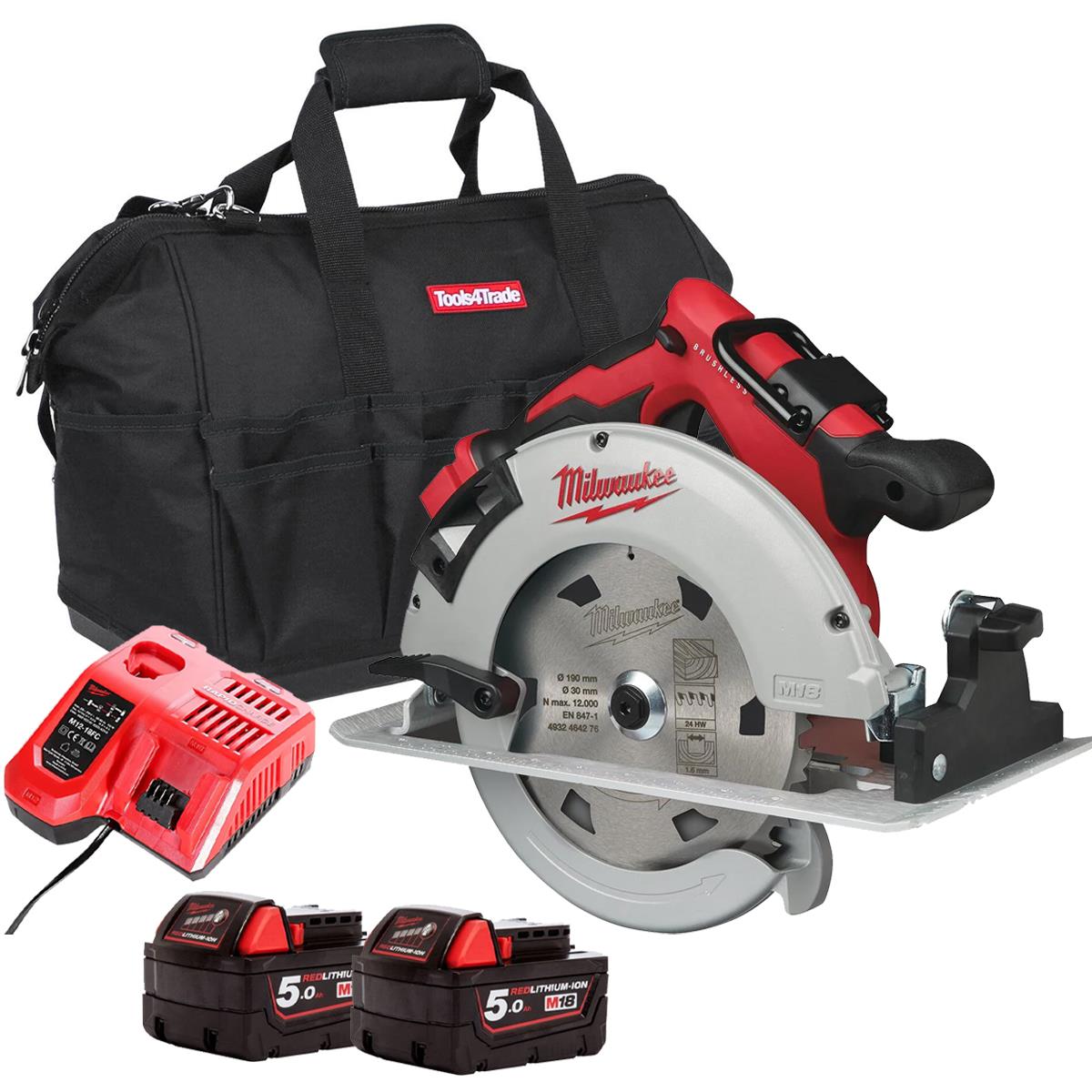 Milwaukee M18BLCS66-0 18V Brushless 190mm Circular Saw with 2 x 5.0Ah Batteries Charger & Bag