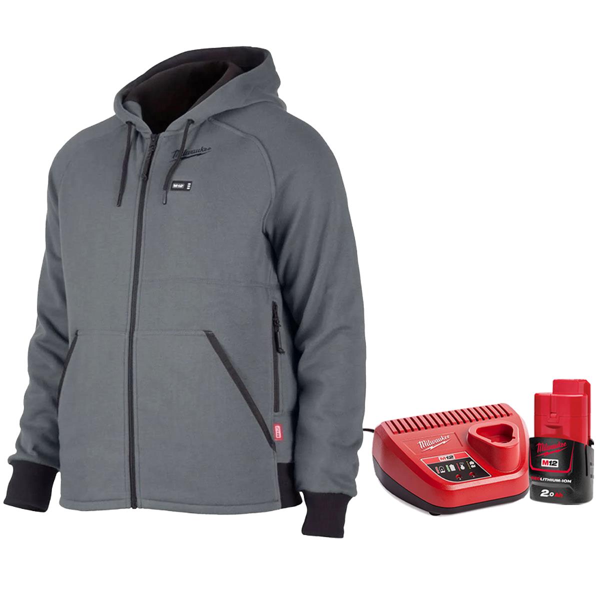 Milwaukee M12 12V Grey Heated Hoodie XL Extra Large with 1 x 2.0Ah Battery & Charger