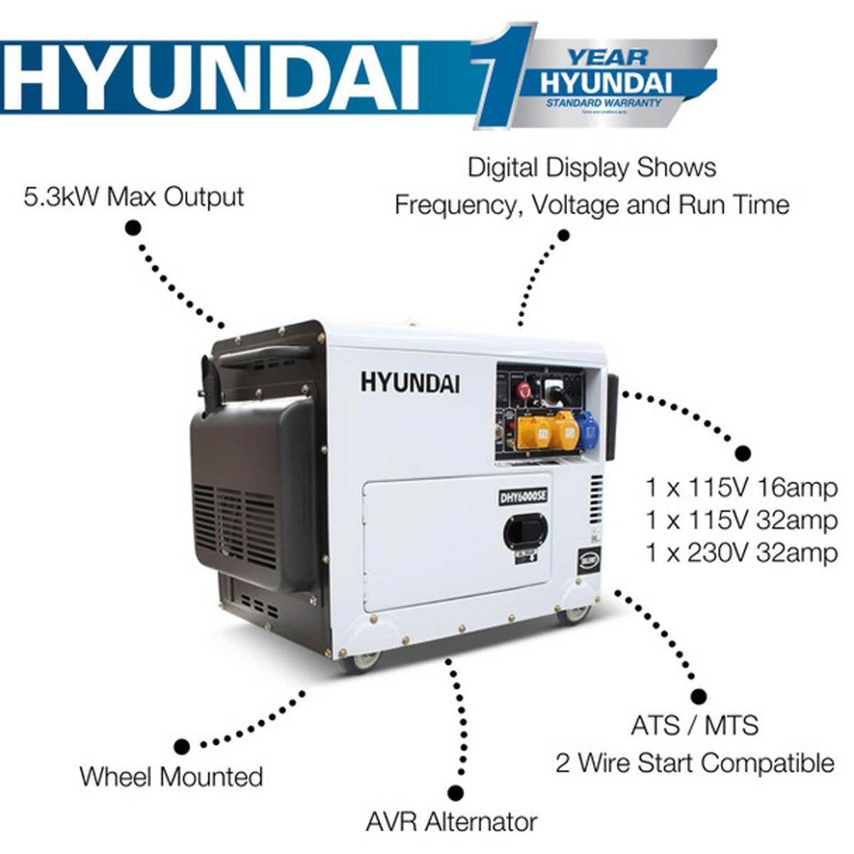 Hyundai DHY6000SE  Diesel Generator, Single Phase Output & Silenced Standby Genset 5.2kW/230V