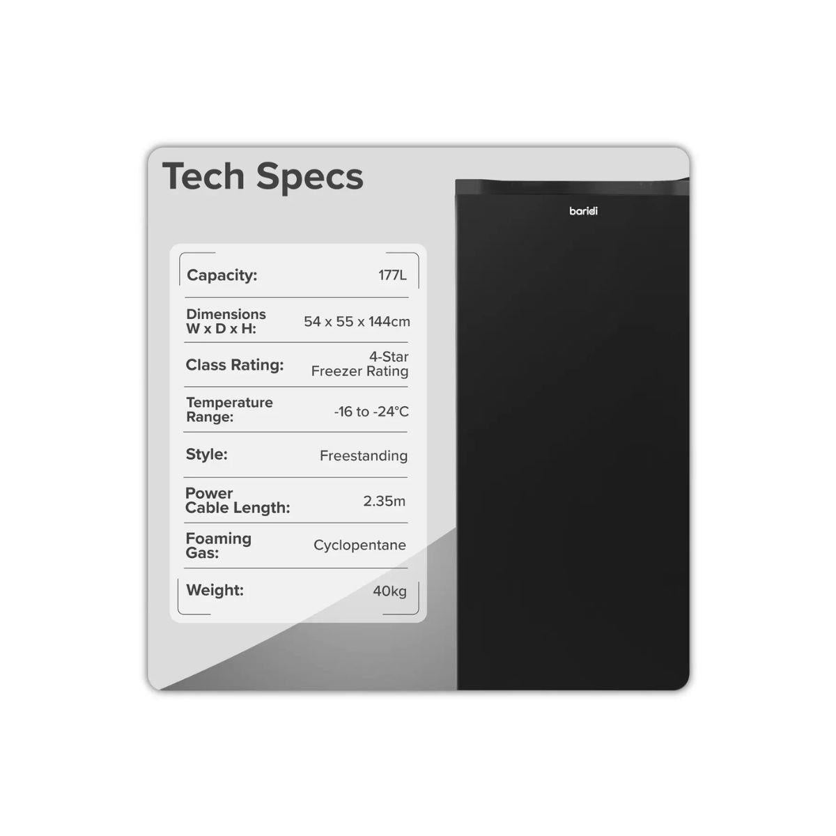 Sealey DH325 Baridi Freestanding Tall Freezer 177L Capacity Black 230V