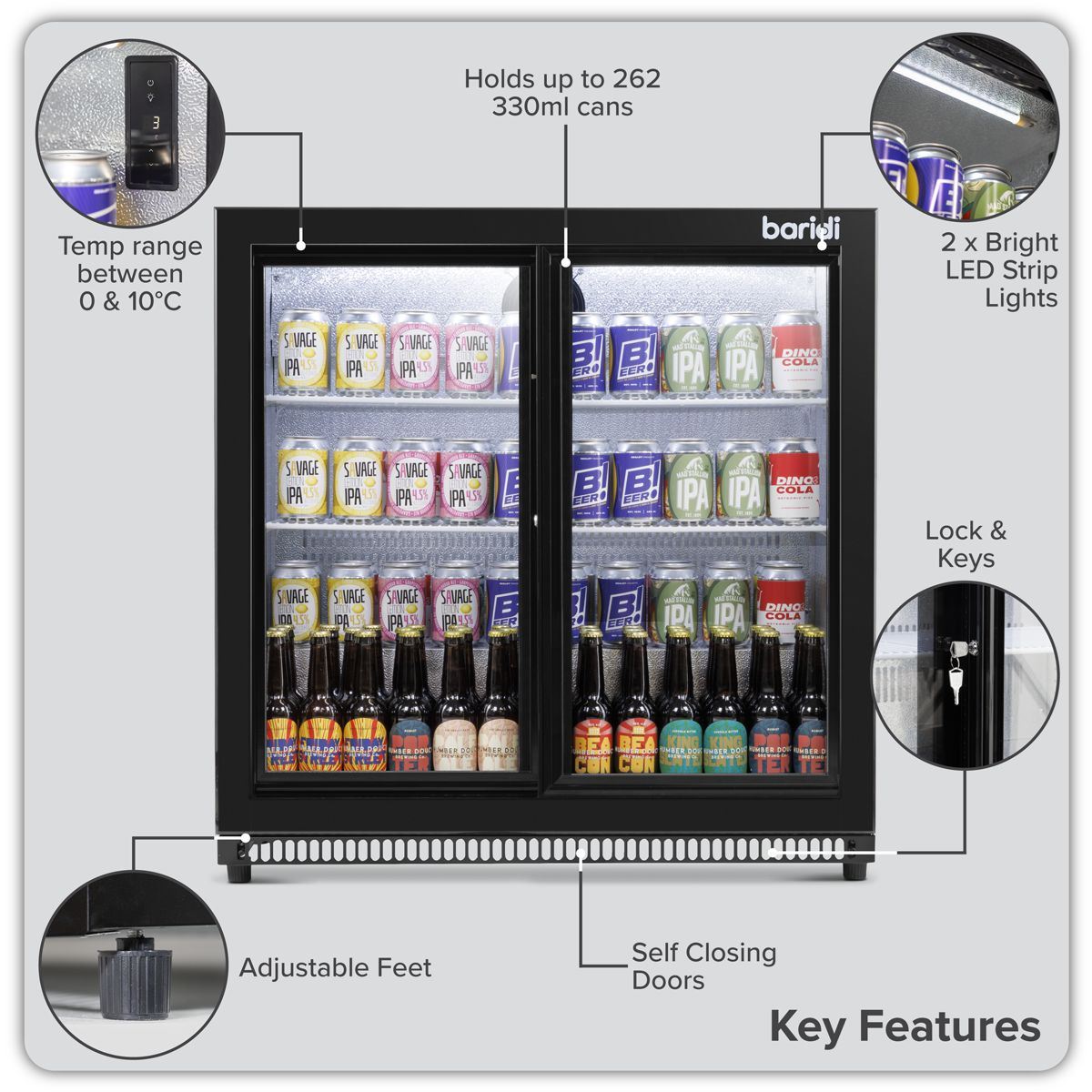Sealey DH273 Baridi Double Sliding Door Back Bar Drinks Fridge/Cooler, 190L Capacity, 262 Cans
