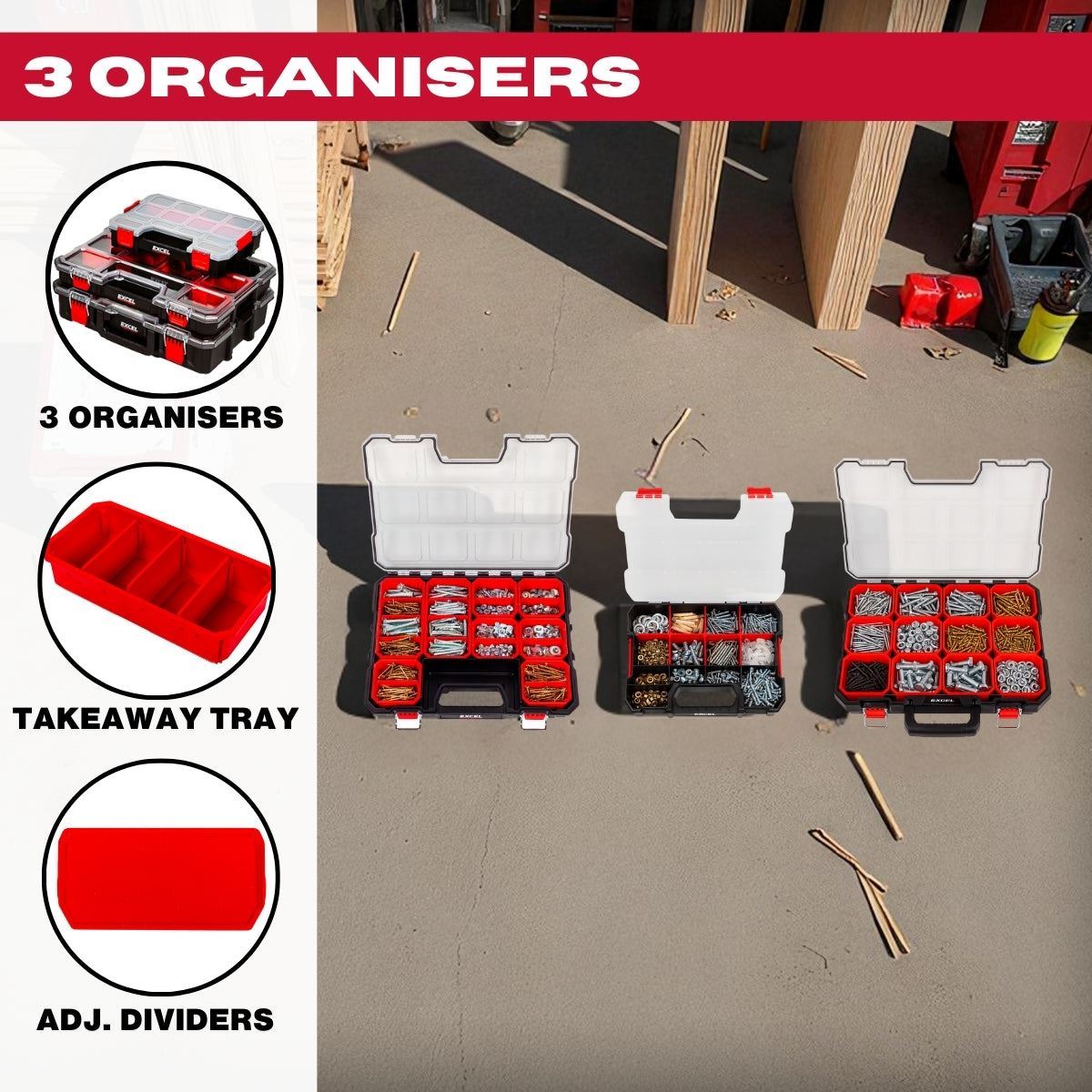 Excel Modular Tool Box Heavy Duty Mobile Storage 6 Piece Set with Organiser & Wheels