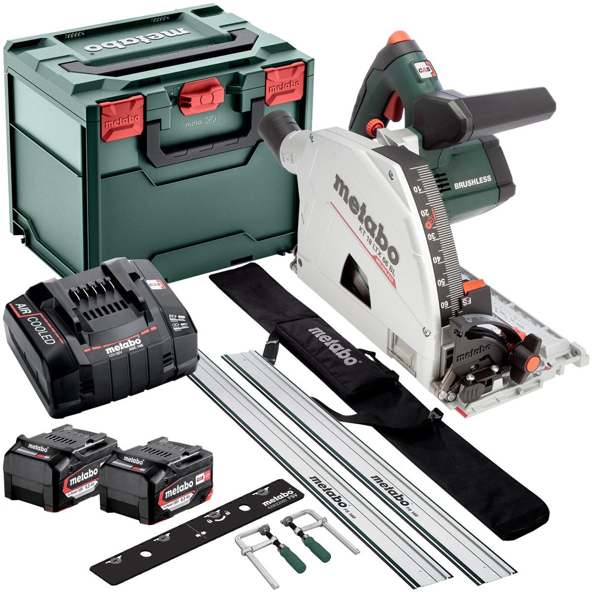 Metabo KT 18 LTX 66 BL 18V Brushless Plunge Saw with 2 x 5.2Ah Battery Charger & 1600mm Guide Rail Kit