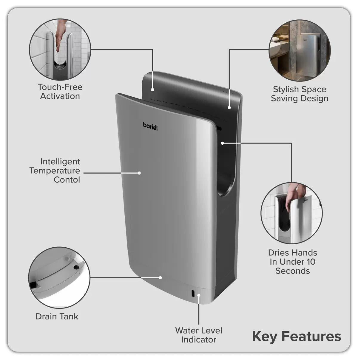 Sealey DH150 Baridi Hand Dryer with HEPA Filter & Auto-Sensor 1750W/230V Silver