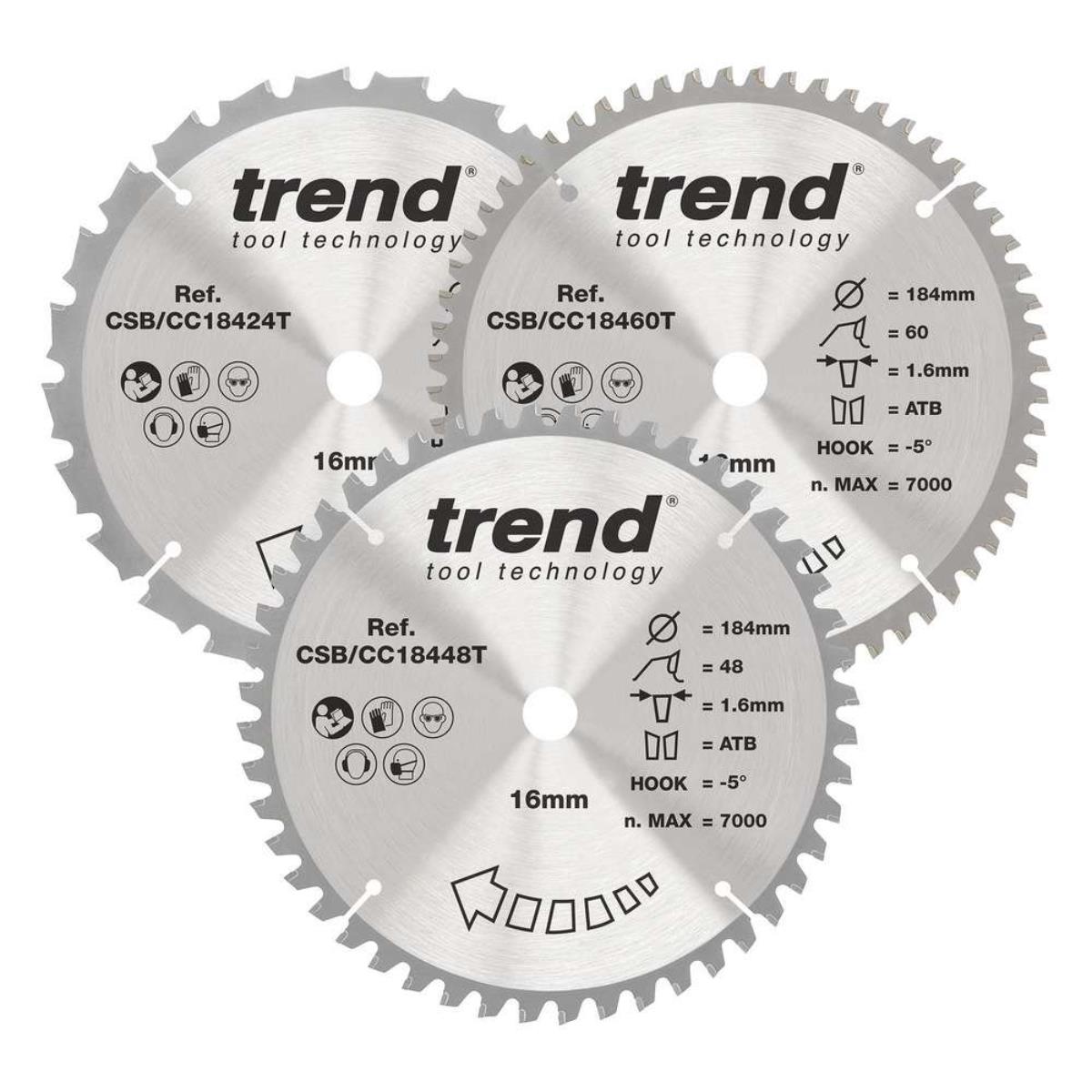 Trend CSB/CC184/3PK CraftPro Mixed Triple Pack Mitre Saw Blades 184mm x 16mm x 24/48/60T