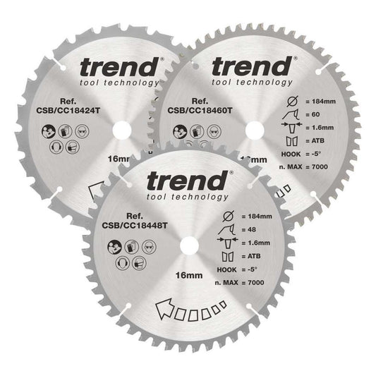Trend CSB/CC184/3PK CraftPro Mixed Triple Pack Mitre Saw Blades 184mm x 16mm x 24/48/60T