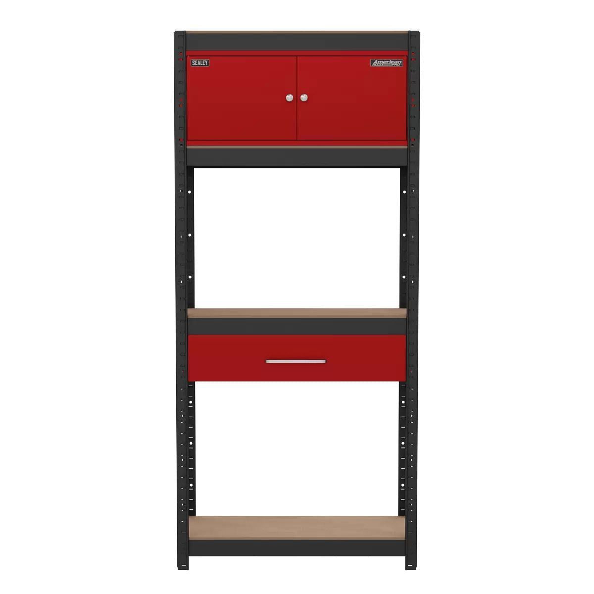 Sealey AP830R Shelving Unit 4-Tier with Cupboard & Drawer 150kg Capacity Per Level