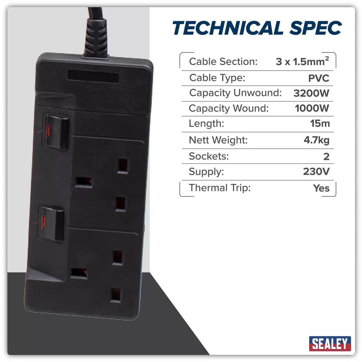 Sealey CRM15 Cable Reel System Retractable 15m 2 x 230V Socket