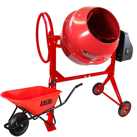 Excel 180L Portable Cement Concrete Mixer 240V/800W with Wheels & 100L Wheelbarrow Red HDPE Tray
