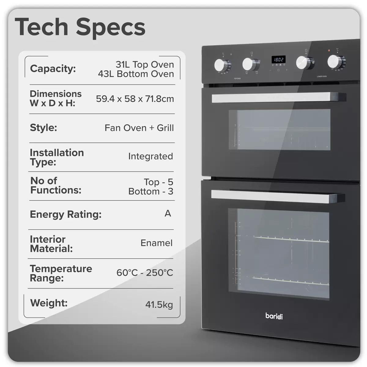 Sealey DH278 Baridi 72cm Built-Under Double Oven, 74L Capacity, Energy Rating A Black 240V