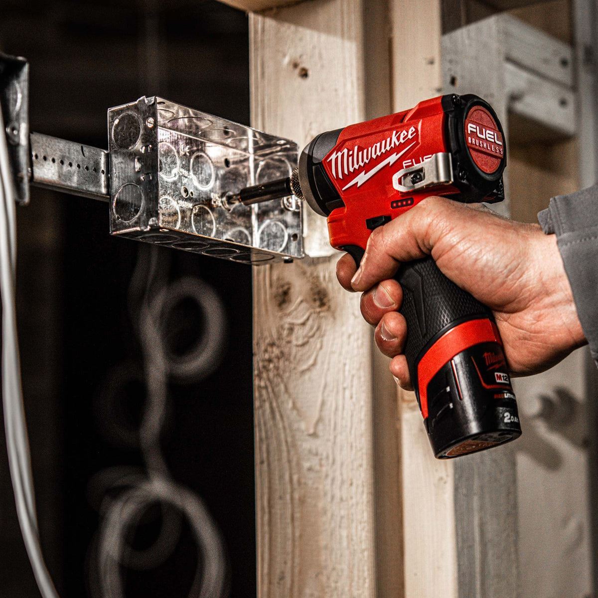 Milwaukee M12FPP2A2-602X 12V Fuel Brushless Combi Drill & Impact Driver with 2 x 6.0Ah Batteries Charger & Empty Tool Box (Without Inlay)