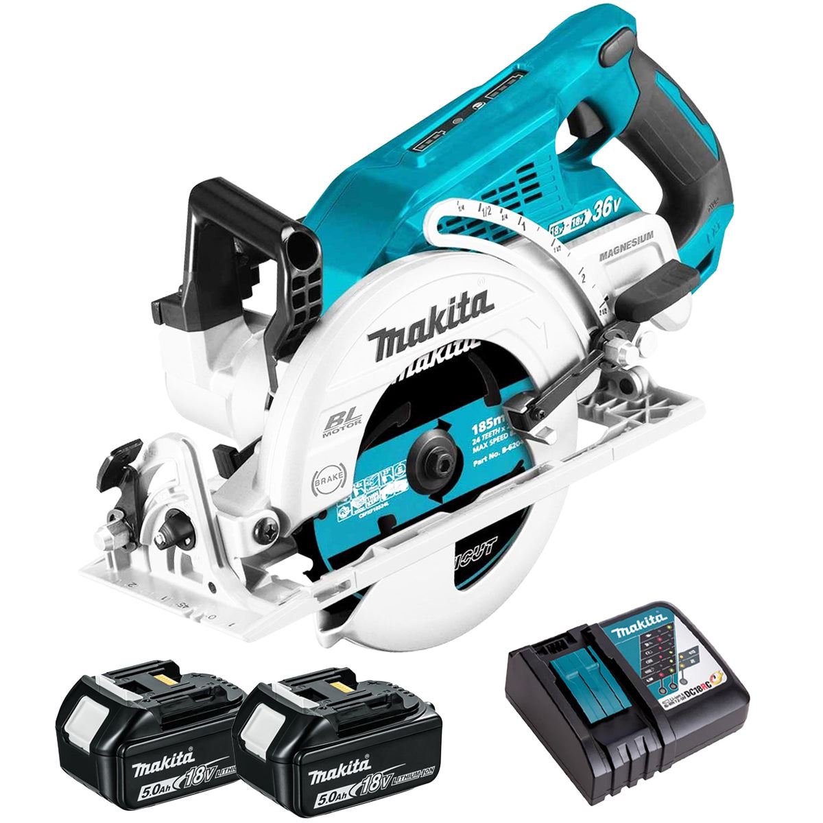 Makita DRS780Z 36V Brushless 185mm Circular Saw with 2 x 5.0Ah Battery & Charger
