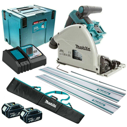 Makita DSP600ZJ 36V Brushless 165mm Plunge Saw with 2 x 5.0Ah Battery & Charger + Accessories