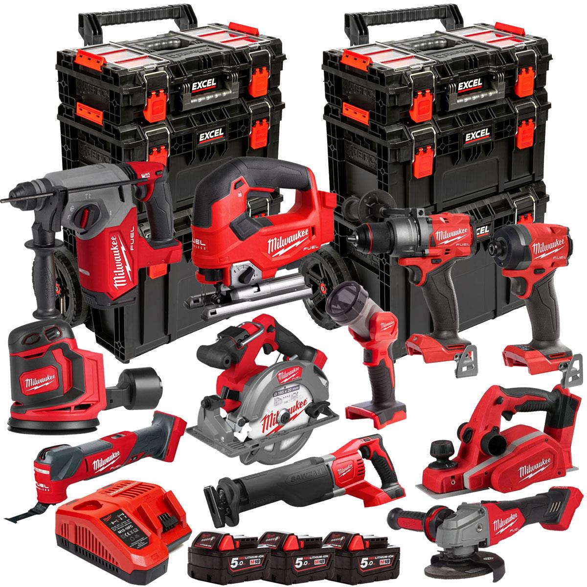 Milwaukee M18FPP6L3-503EB 18V 11 Piece Tool Kit with 3 x 5.0Ah Battery, Charger & Modular Tool Box 3 Piece Set