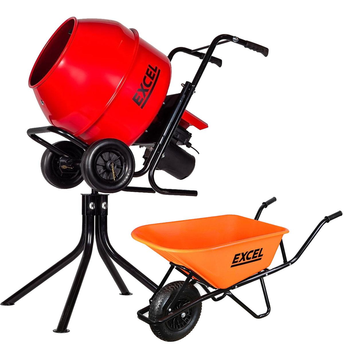 Excel 134L Portable Cement Mixer 240V/370W with Wheels & 100L Wheelbarrow Orange HDPE Tray