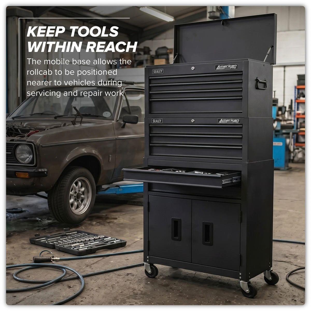 Sealey AP2200BKSTACK American PRO Topchest, Mid-Box Tool Chest & Rollcab Stack 9 Drawer Black