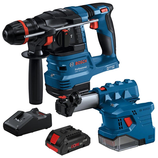 Bosch GBH 18V-22 X 18V Brushless SDS+ Rotary Hammer with 1 x 4.0Ah Battery, Charger & GDE 18V-12 Dust Extractor Attachment