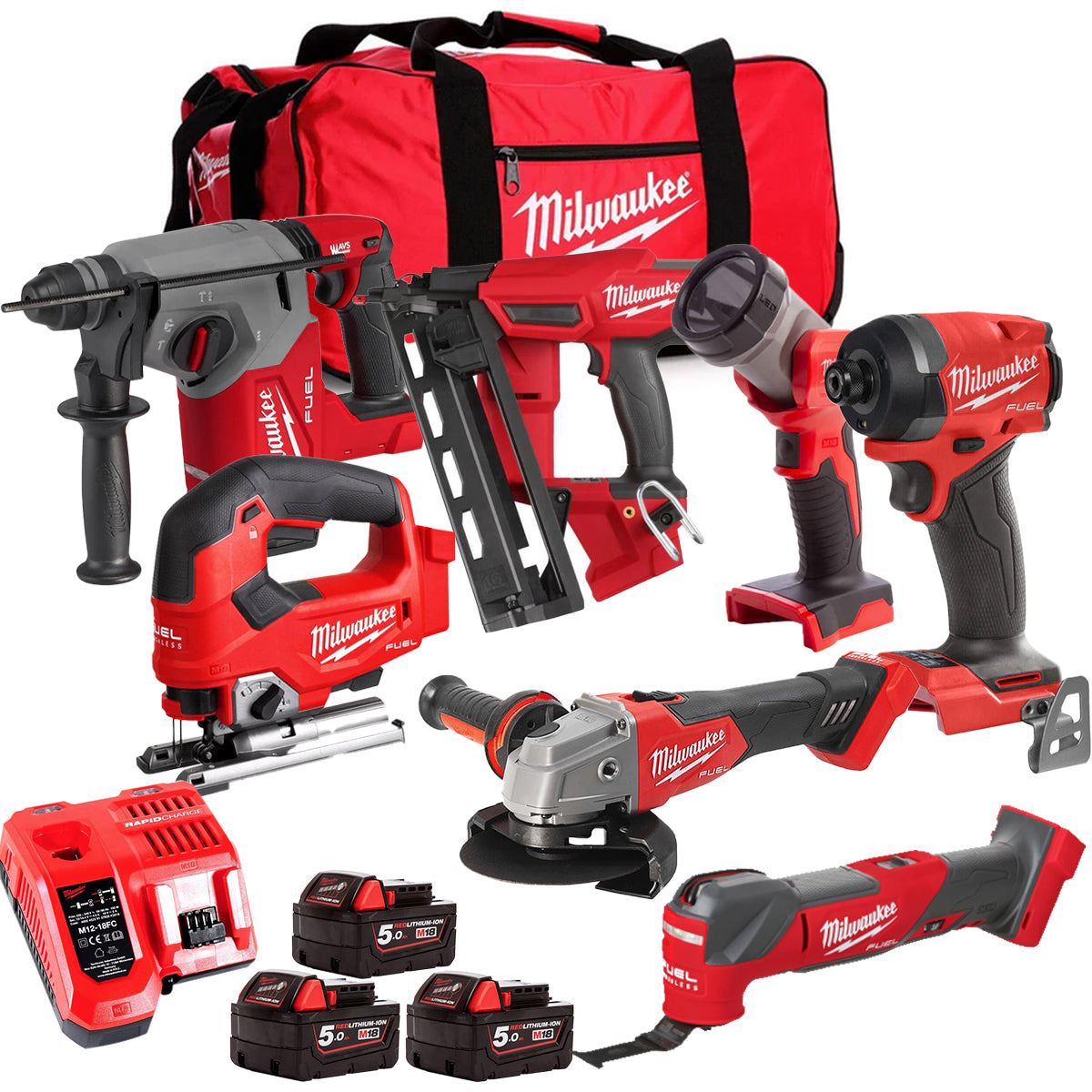 Milwaukee M18FPP6L3-503BK17 18V Brushless 7 Piece Tool Kit with 3 x 5.0Ah Batteries Charger & Wheeled Bag